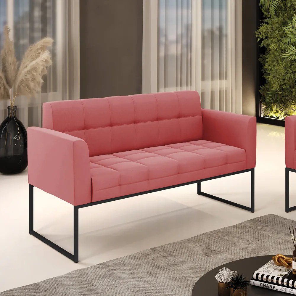 Sofá Namoradeira Elisa Suede Rosê Base Metálica Industrial Preto - D'Rossi