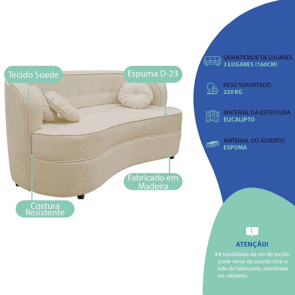 Sofá Curvo 3 Lugares Orgânico Sala Recepção Escritório Decorativo Luxo Panamá 200cm Suede