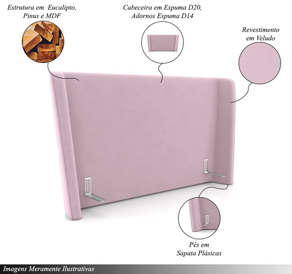Cabeceira Design para Cama de Casal Torres Pés em Madeira Veludo Rosê G91 - Gran Belo