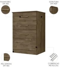 Cômoda Para Quarto 61cm Com 4 Gavetas Miriad Castanho Wood Z17 - Mpoze