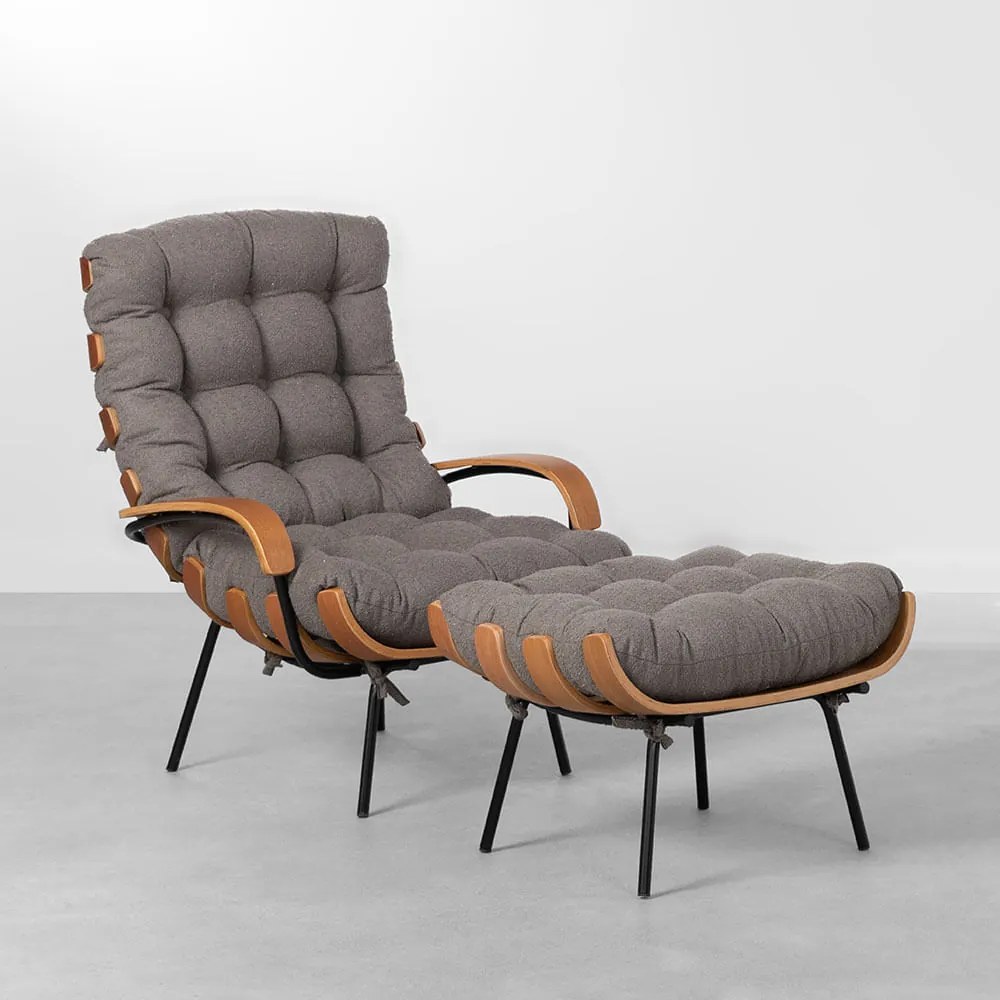 Poltrona Costela com Braço Encosto Alto com Puff - Bouclê Iron