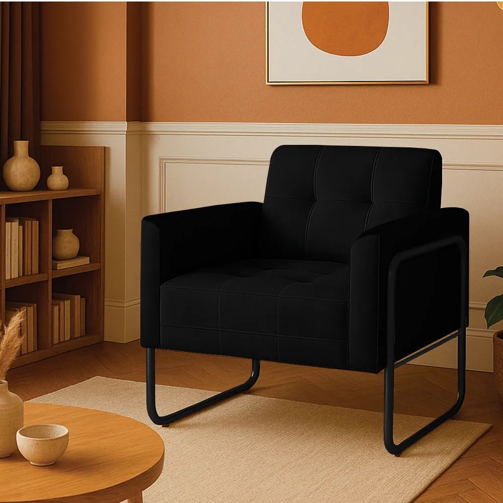 Poltrona Sala Industrial Alta Tubo Preto Elisa Suede D03 - D'Rossi - Preto