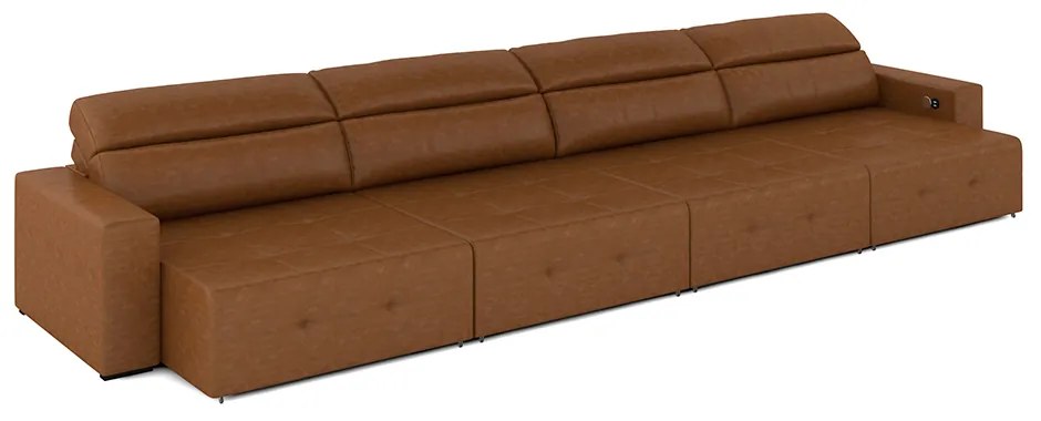 Sofá Retrátil 6 Lugares 404cm 4 Módulos Nero com USB Couro Manchado Claro G52 - Gran Belo