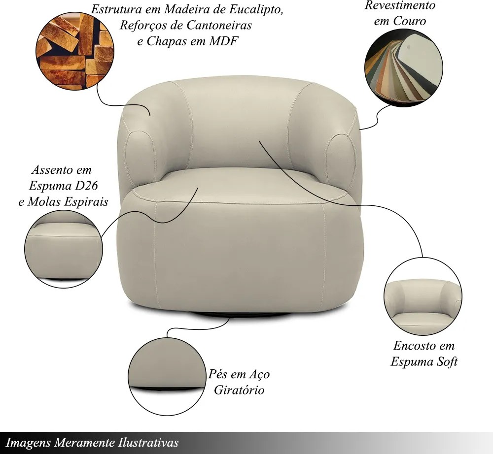 Poltrona Decorativa Verona Sala de Estar Base Giratória em Aço Couro Bege G88 - Gran Belo