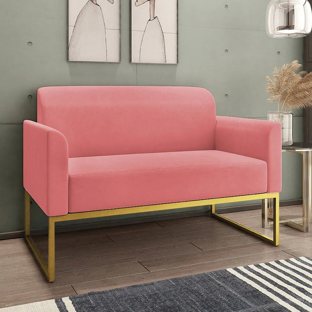 Poltrona Namoradeira Decorativa Isabella Base Industrial Suede Rosê/Dourado G19 - Gran Belo