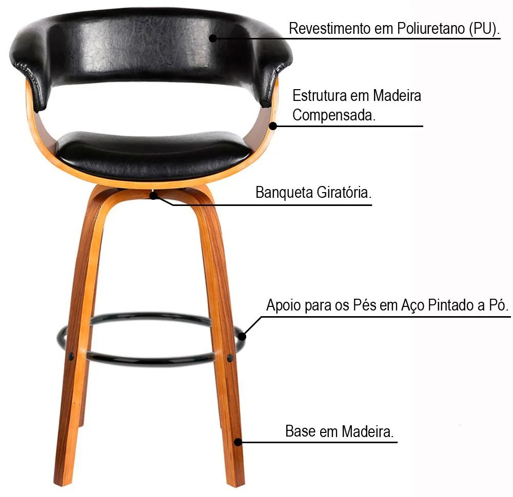 Kit 02 Banquetas para Cozinha Giratória Brenna Base Madeira PU Sintético Preto G56 - Gran Belo