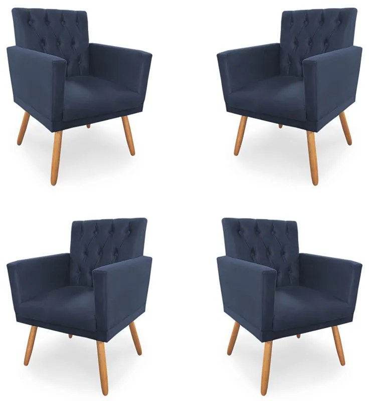 Kit 4 Poltronas Decorativas Clara Capitonê Pés Palito Suede Azul - Sheep Estofados