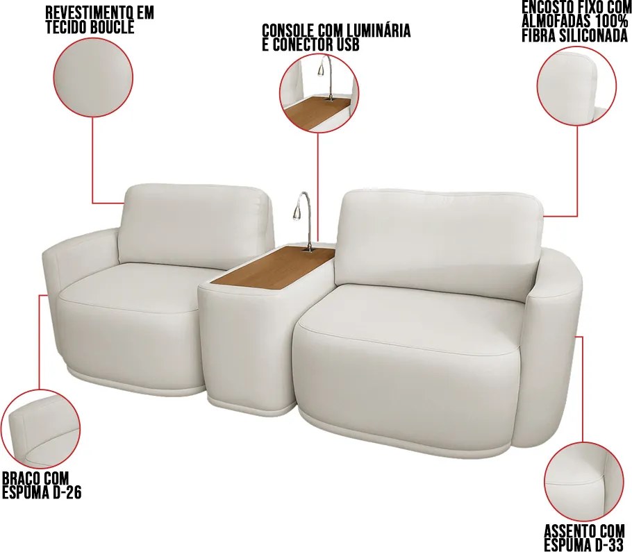 Sofá Sala Modulado 251cm com Console USB Luminária Brumma Bouclê K01 - D'Rossi - Cinza claro