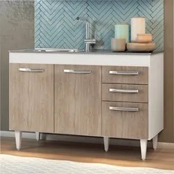 Balcão Gabinete Suécia com Pia Inox 120cm 3 Portas Branco/Castanho - L