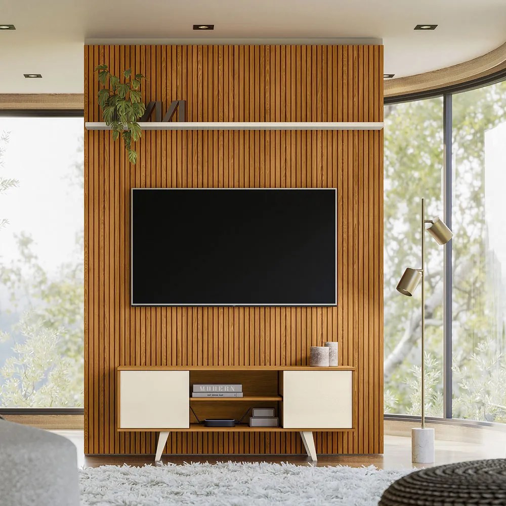 Conjunto Painel com Bancada Morpheus 2 Portas Deslizantes MDP até 65 Cinamomo/OffWhite G97 - Gran Belo