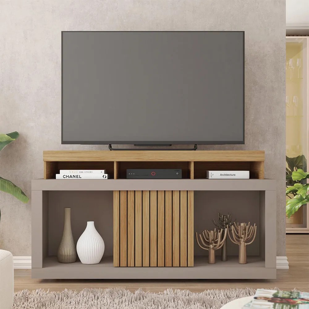Rack Bancada Lagoa 136cm MDP Portas Ripados de Correr Fendi/Buriti G11 - Gran Belo