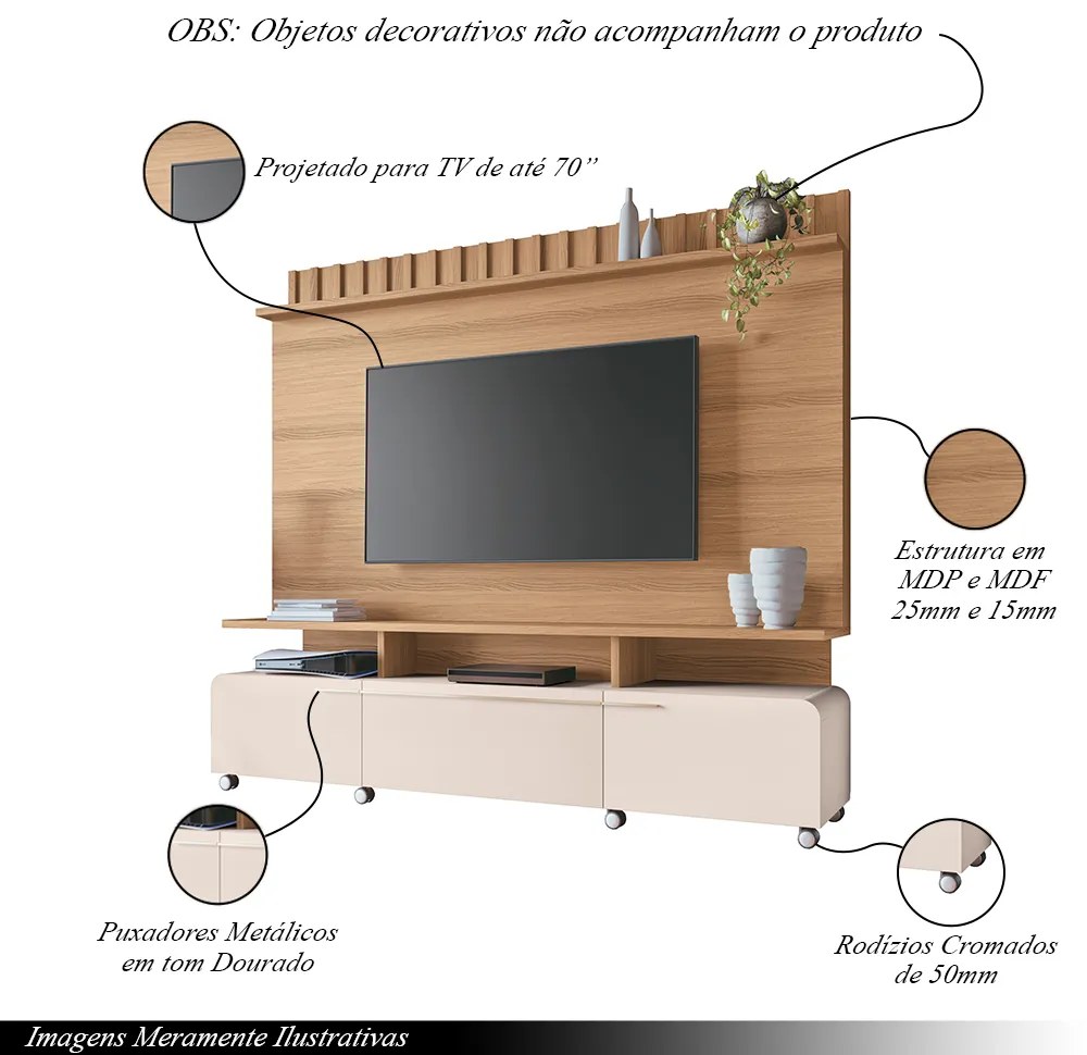 Home Painel Decorativo Alhambra TV até 70 Pol MDP/MDF Pés Rodízio Freijó/Off White G26 - Gran Belo