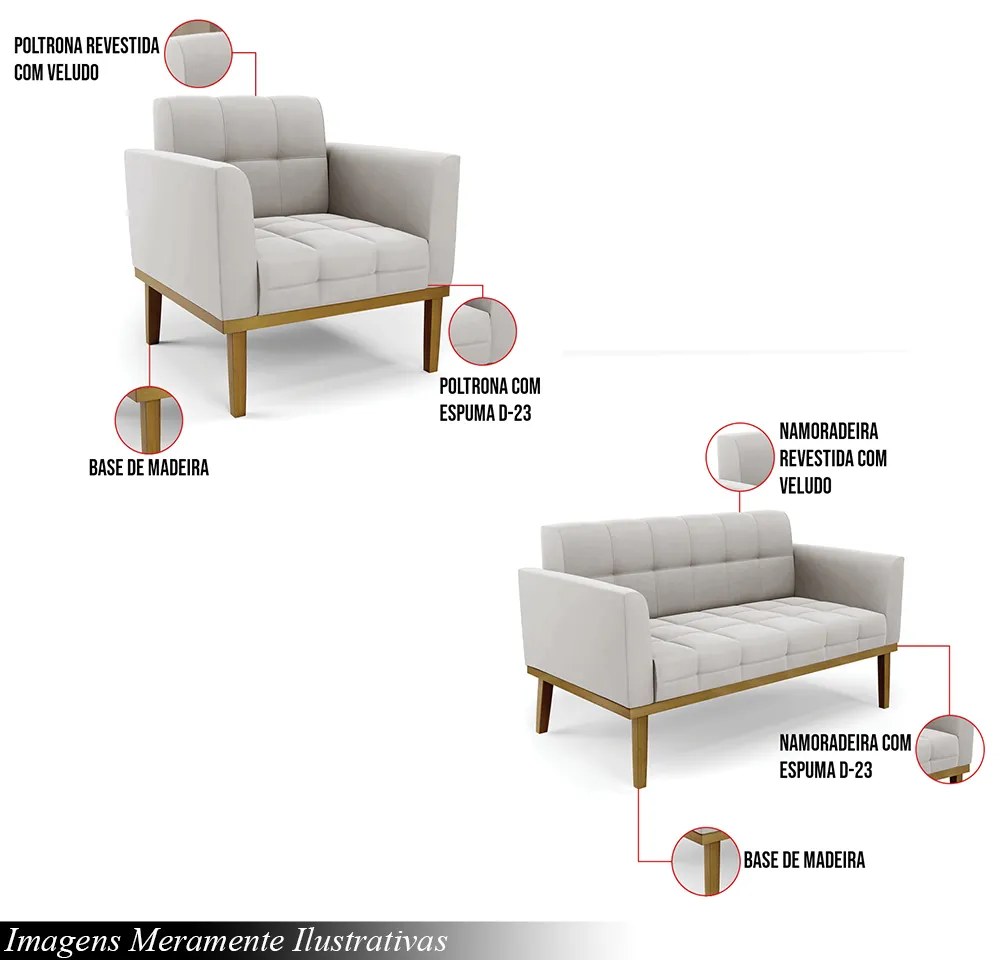 Conjunto Poltrona e Namoradeira Decorativas Karen Pés Fixo em Madeira Castanho Veludo Cinza G19 - Gran Belo