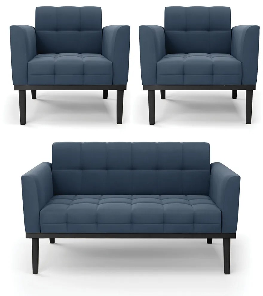 Sofá Namoradeira e 2 Poltronas Base de Madeira Preto Elisa Suede D03 - D'Rossi - Azul Marinho