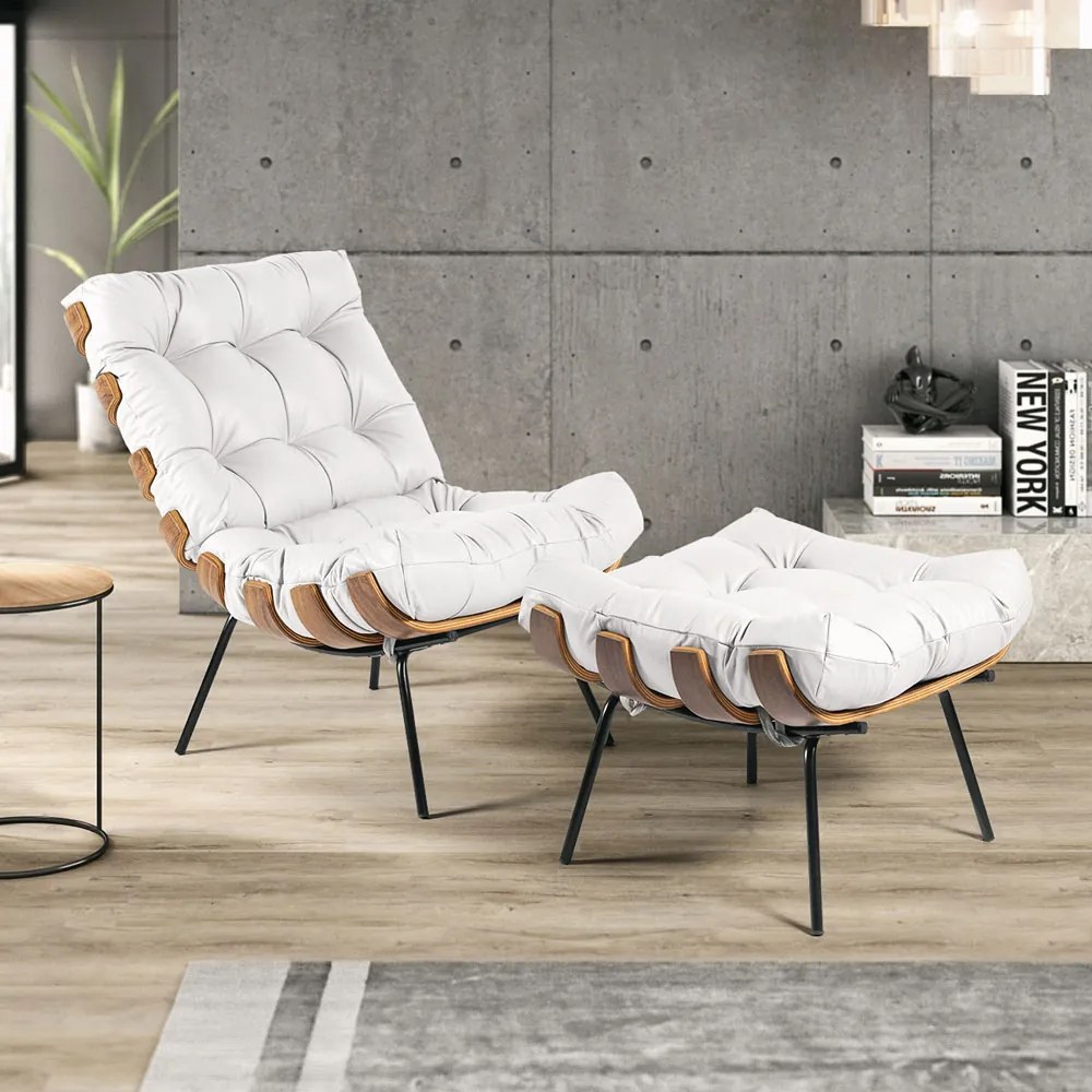 Puff Decorativo Sala de Estar Costela Couro Branco G34 - Gran Belo