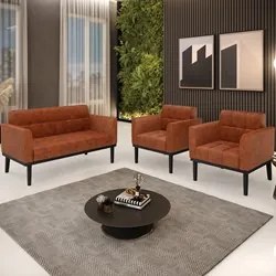 Sofá Namoradeira e 2 Poltronas Base Madeira Preto Ana Sintético PU Noz