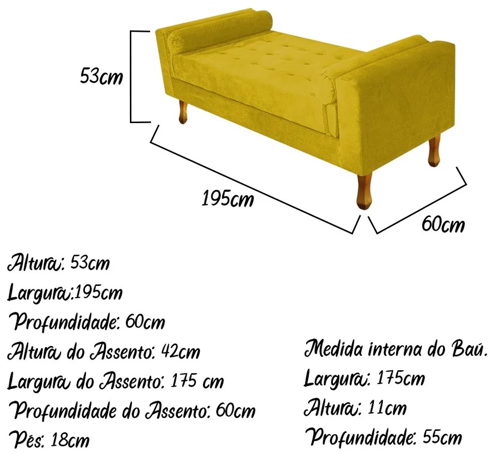 Recamier Félix King Size 195cm Suede Amarelo - ADJ Decor