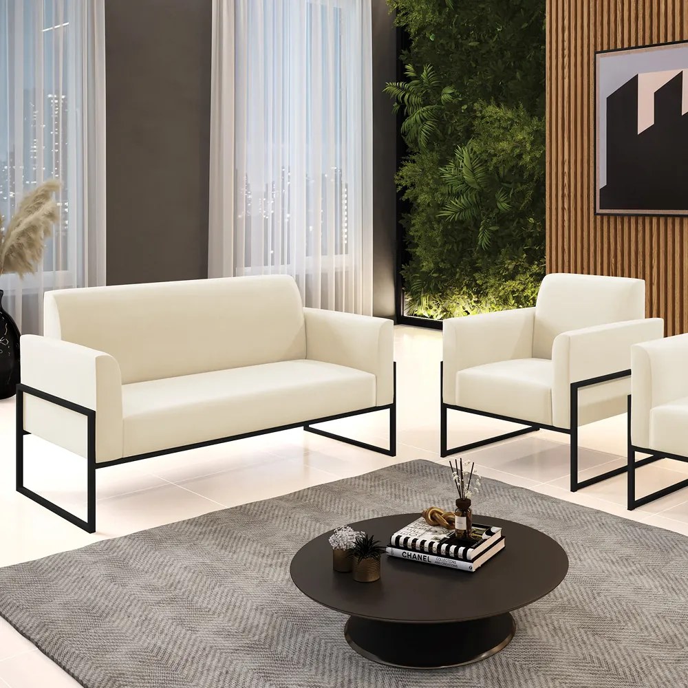 Sofá Namoradeira com Poltrona Base Industrial Alta Preto Marisa Veludo D03 - DRossi - Bege