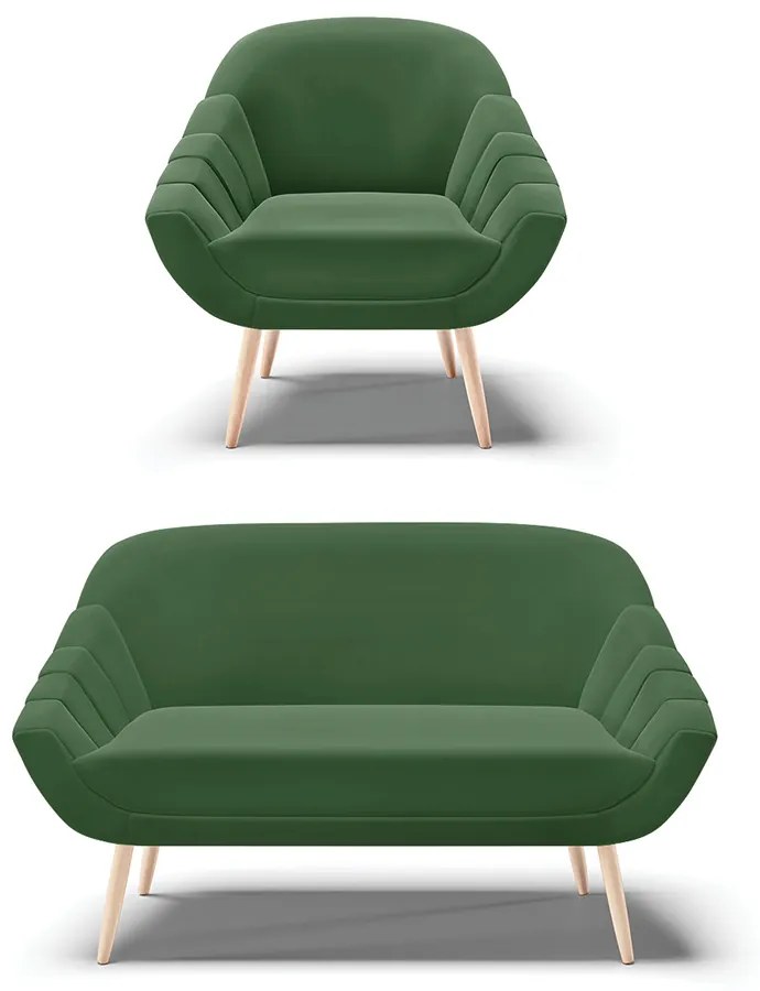 Kit 01 Namoradeira 02 Lugares e 01 Poltrona Giovana Suede Pés Palito Natural - D'Rossi - Verde