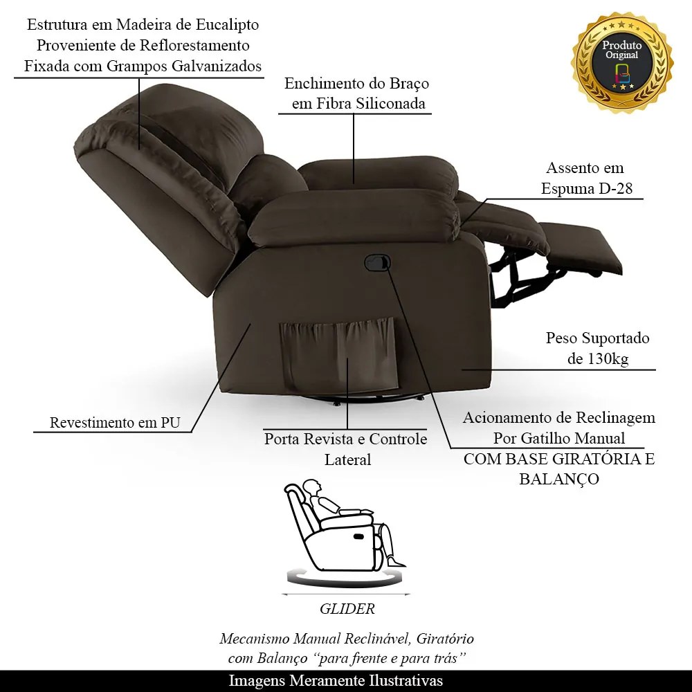Poltrona do Papai Reclinável Sala de Cinema Madrid Glider Manual Giratória PU Marrom  G23