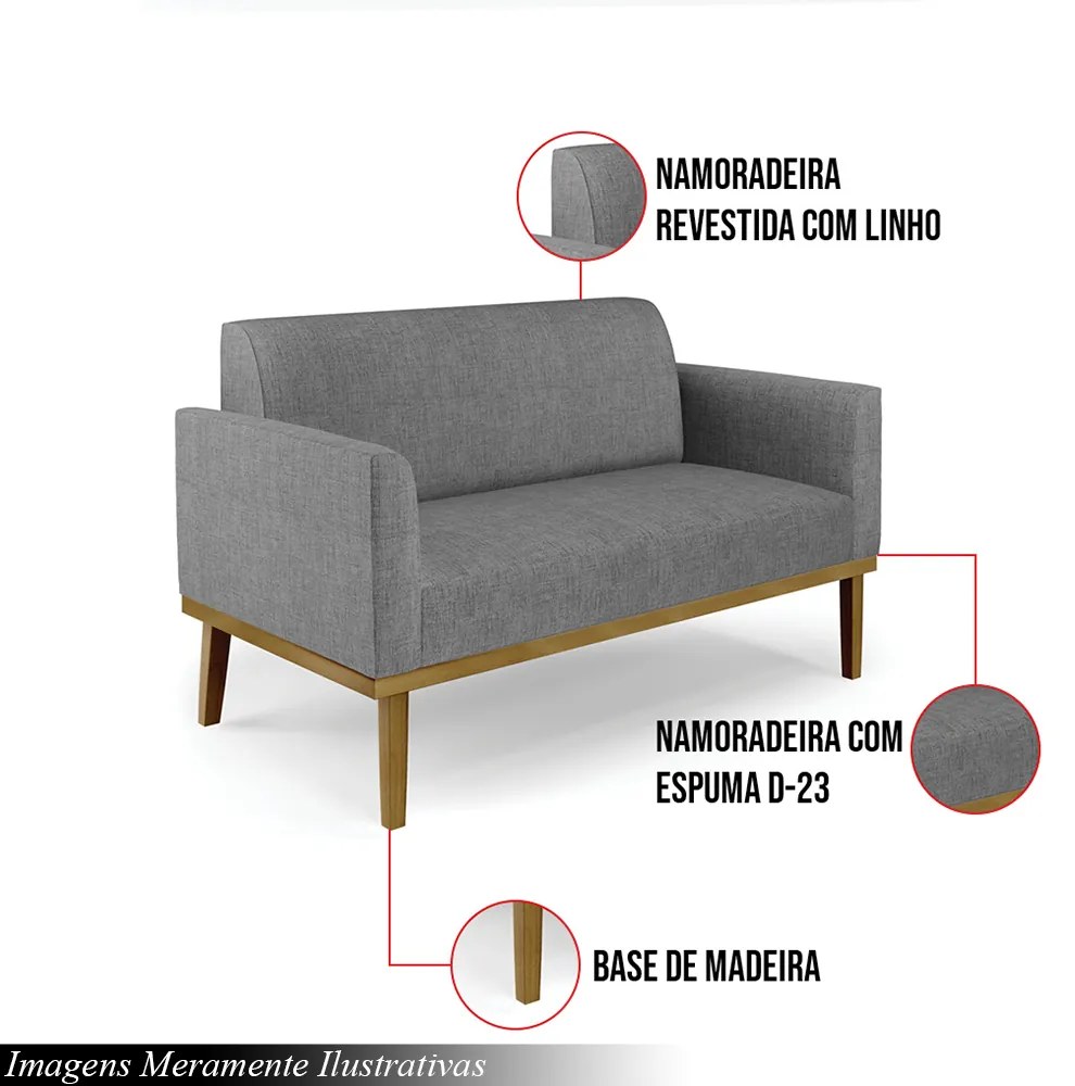 Poltrona Namoradeira Decorativa Isabella Pés Fixo em Madeira Castanho Linho Cinza Mesclado G19 - Gran Belo