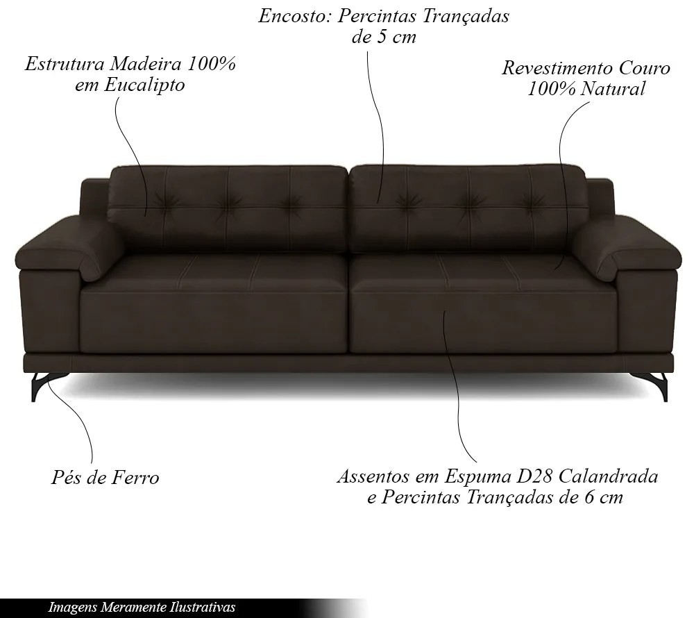 Sofá Living 3 lugares 232cm Agostino Pés Design em Ferro Couro Marrom G52 - Gran Belo