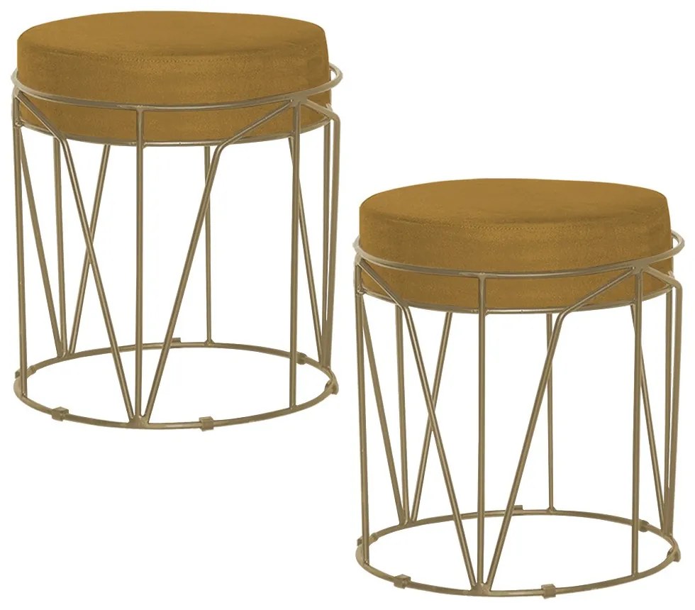 Kit 2 Puffs Decorativo Sala de Estar Base Gold Chloe Suede Mostarda G41 - Gran Belo
