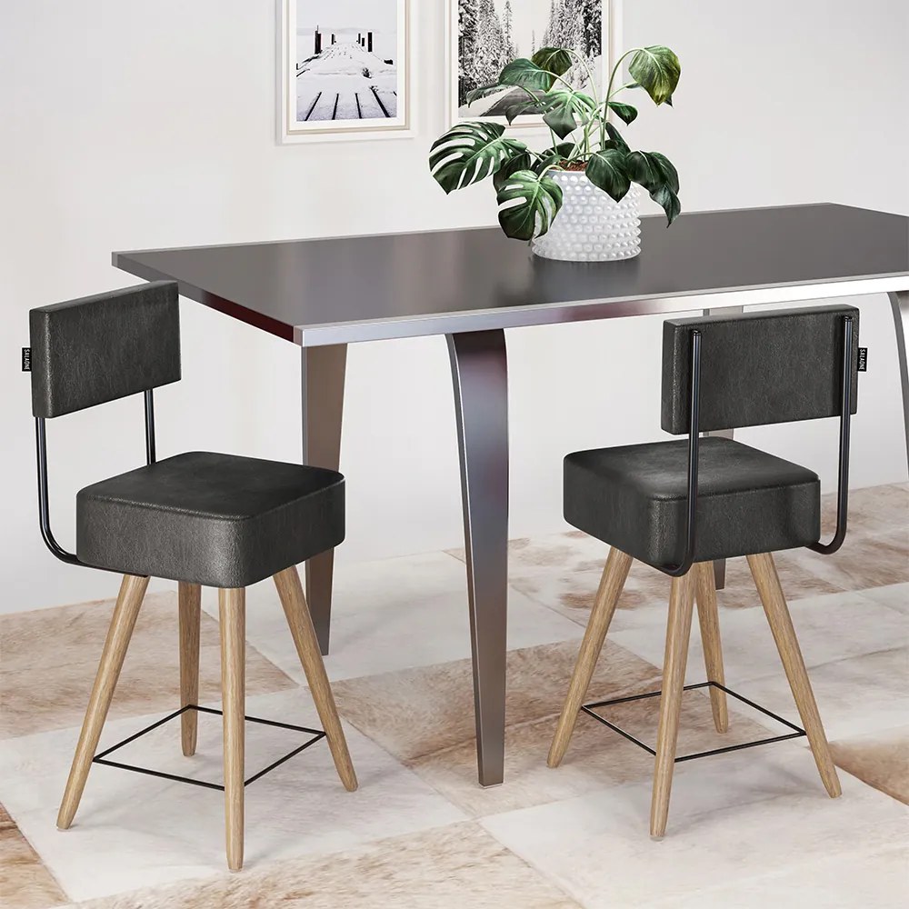 Banqueta Baixa Cozinha 50cm Encosto Pé Madeira Kit 2 Barcelona Pu S02 - D'Rossi - Preto