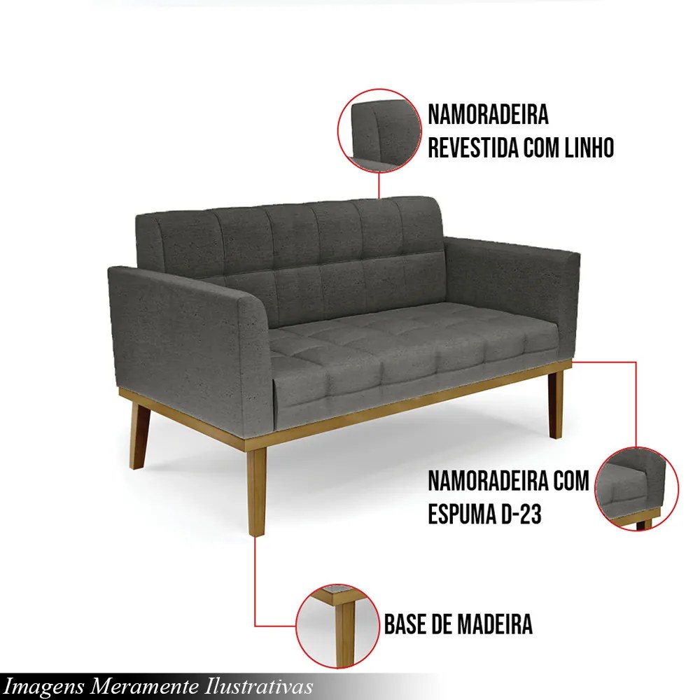 Poltrona Namoradeira Decorativa Karen Pés Fixo em Madeira Castanho Linho Cinza Mesclado G19 - Gran Belo