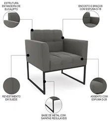 Sofá Namoradeira e 2 Poltronas Base Industrial Preto Ana Suede Grafite