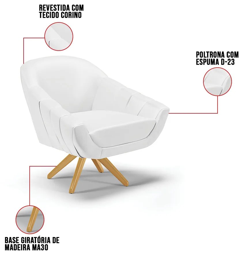 Poltrona Giratória Giovana Corino Base Madeira MA30 D01 - D?Rossi - Branco