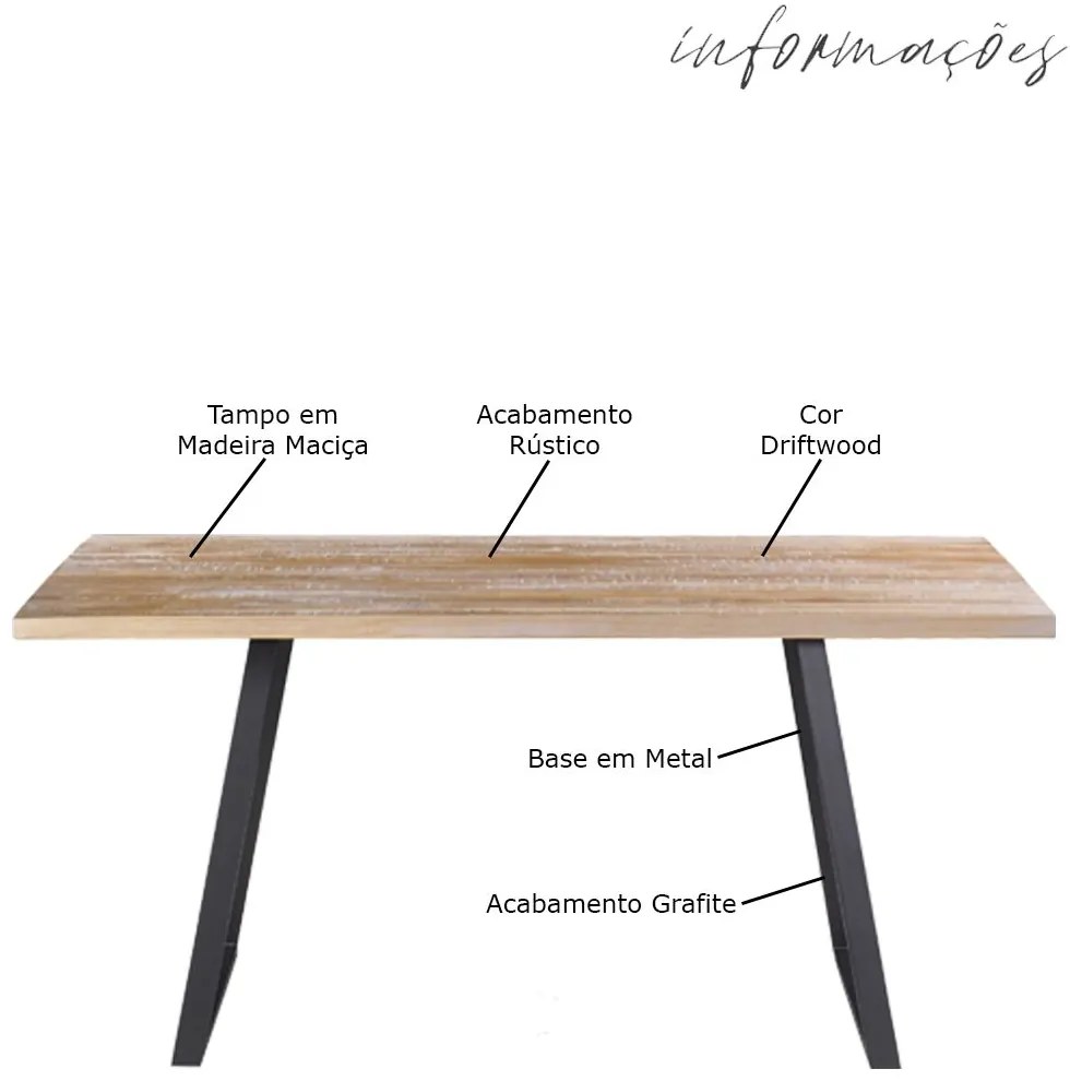 Mesa Sala de Jantar Cozinha Ogleary 160cm Grafite Madeira Maciça Driftwood G54 - Gran Belo