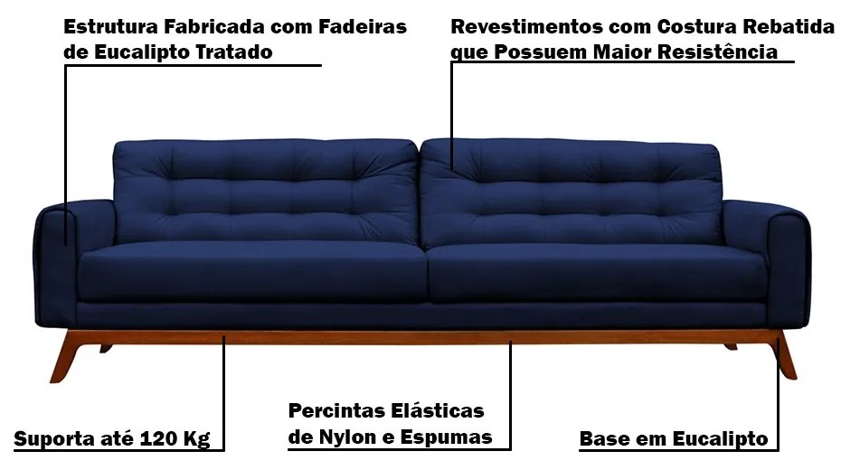Sofá 3 Lugares Sala de Estar Eros 180 cm Veludo Azul Marinho Base Fixa G15 - Gran Belo