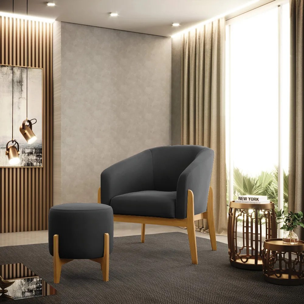 Poltrona com Puff Base de Madeira Stella Suede Preto D03 - D'Rossi