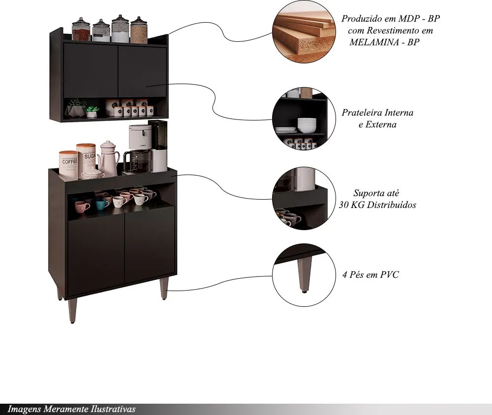 Conjunto Armário Cantinho do Café Chico 2 Portas com Aéreo Preto G96 - Gran Belo