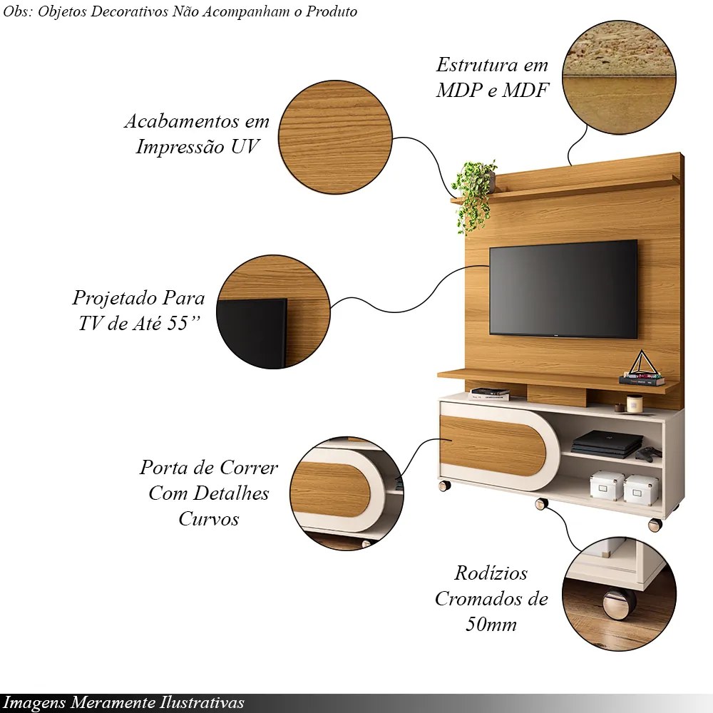 Home Theater Decorativo Globo c/Rodízios para TV até 55 Polegadas Cinamomo/Off White G26 - Gran Belo