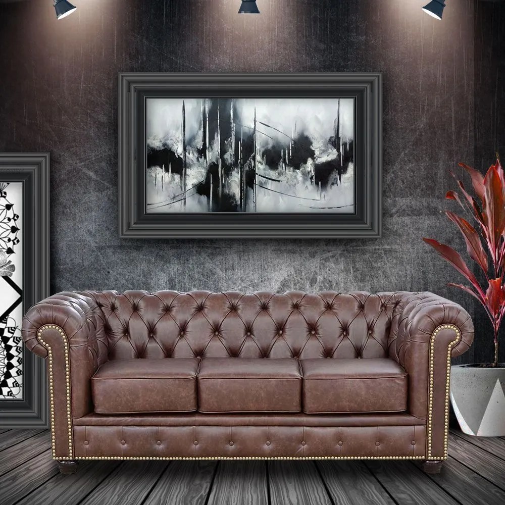 Sofá 3 Lugares Sala de Estar 235cm Chesterfield Pés Madeira Couro Tabaco G40 - Gran Belo