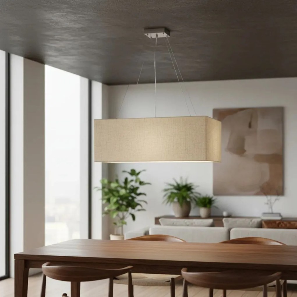 Lustre Pendente Retangular Md-4372 Cúpula em Tecido 60x40cm Rustico Bege