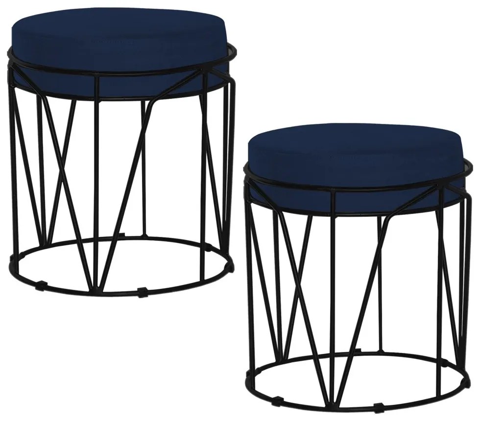 Kit 2 Puffs Decorativo Sala de Estar Base Preto Chloe Veludo Azul G41 - Gran Belo