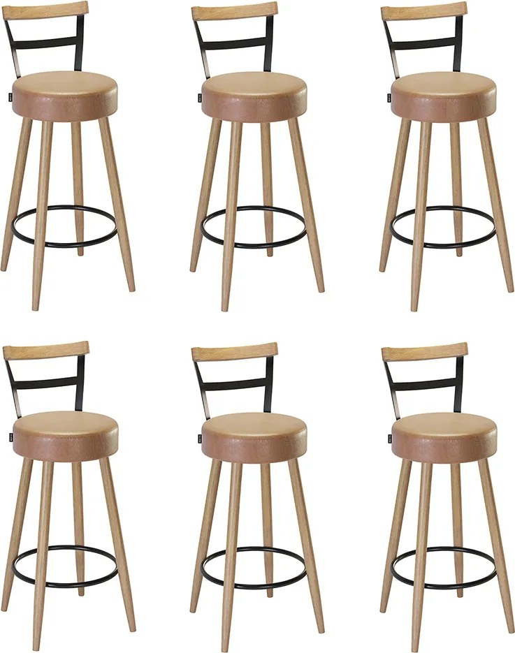 Banqueta Alta Cozinha 70cm Encosto Pé Madeira Kit 6 Kyara Pu S02 - D'Rossi - Caramelo