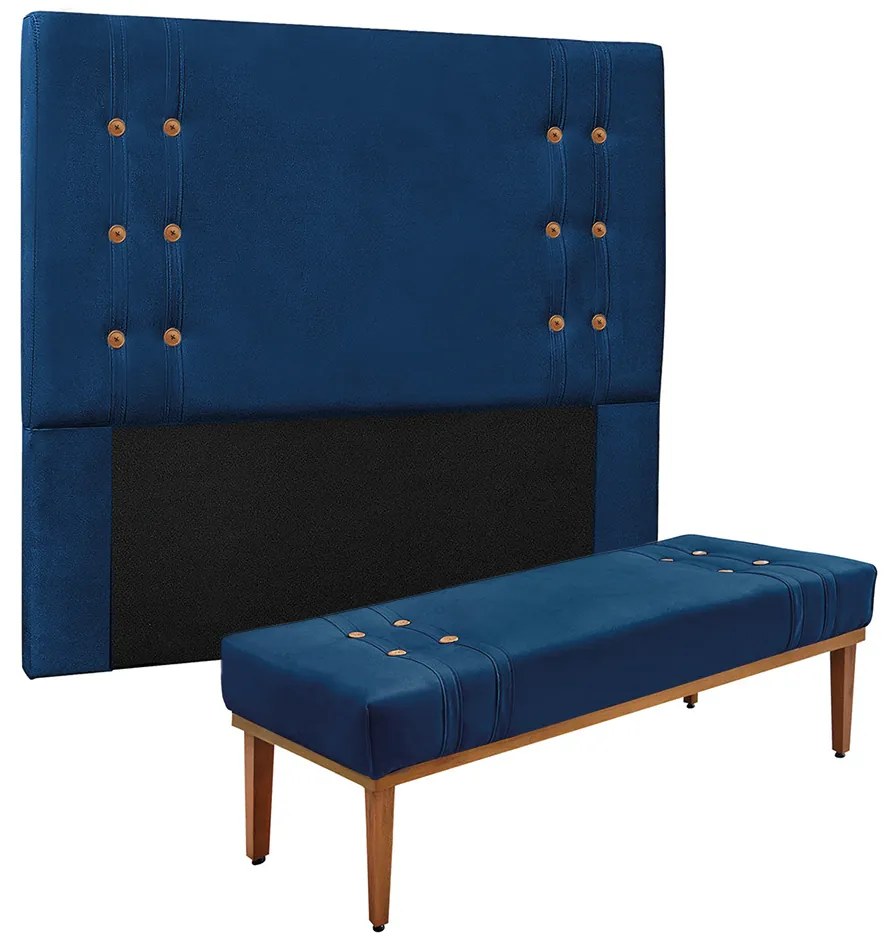 Cabeceira Cama Box Queen 160cm e Recamier Gênova Suede S04 - D'Rossi - Azul Marinho