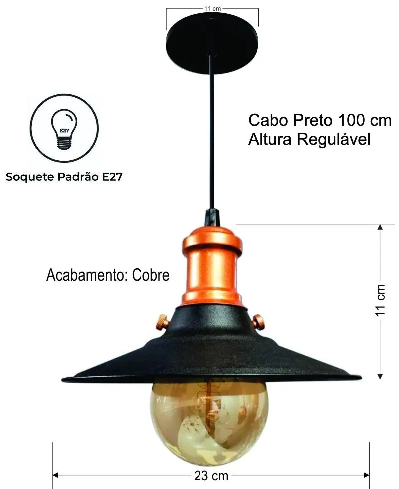Lustre Pendente Industrial Moderno Nordic Preto Com Cobre