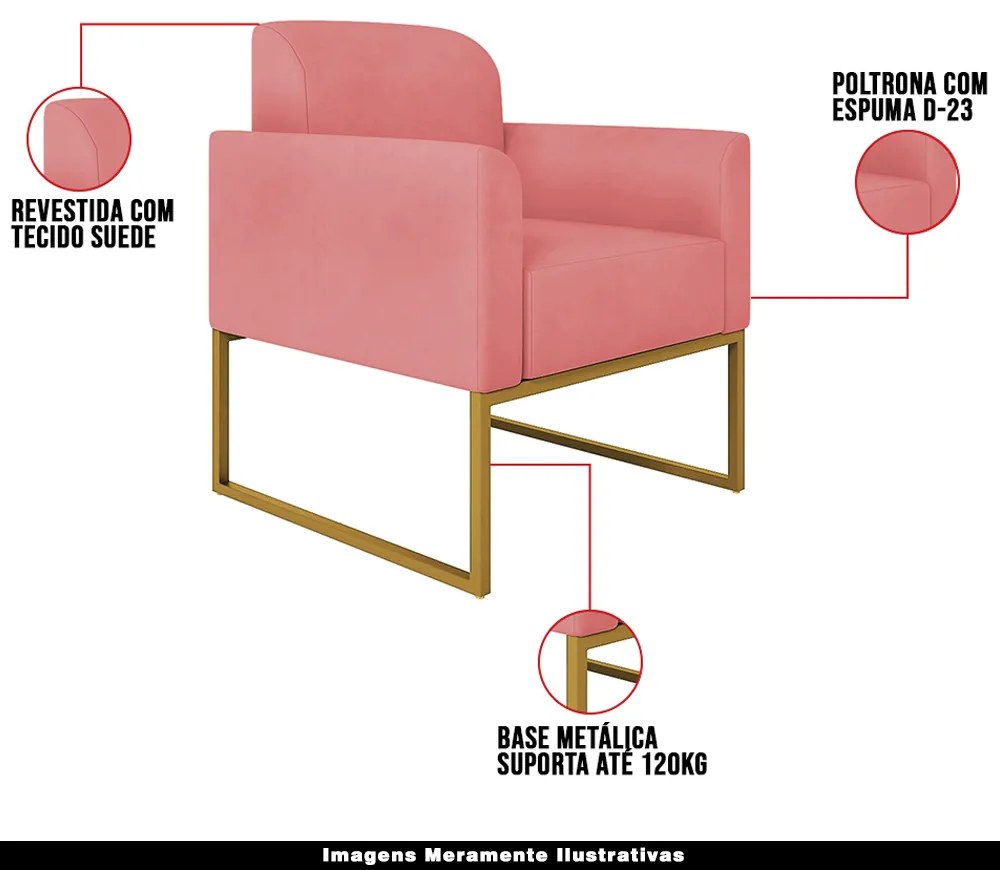 Kit 2 Poltronas Decorativas Isabella Base Industrial Suede Rosê/Dourado G19