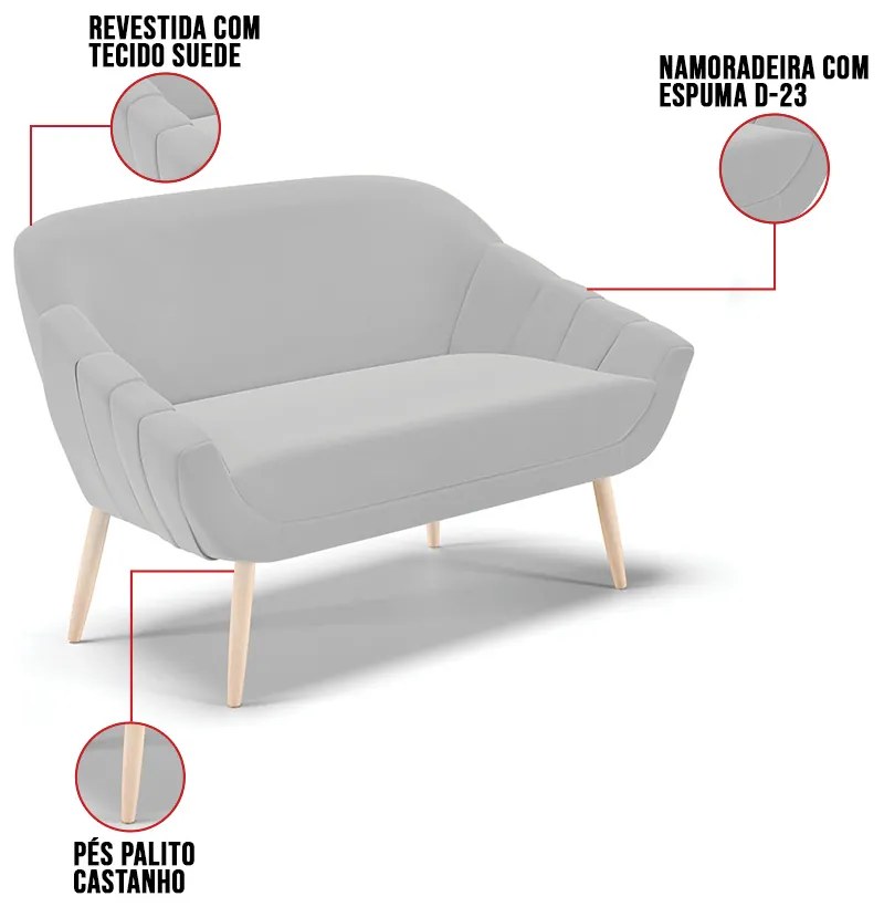 Kit 01 Namoradeira 02 Lugares e 01 Poltrona Giovana Suede Pés Palito Natural D01 - D'Rossi - Cinza