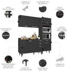 Armário de Cozinha Com Tampo CP02 180cm Pérola Preto Z34      - Mpozen