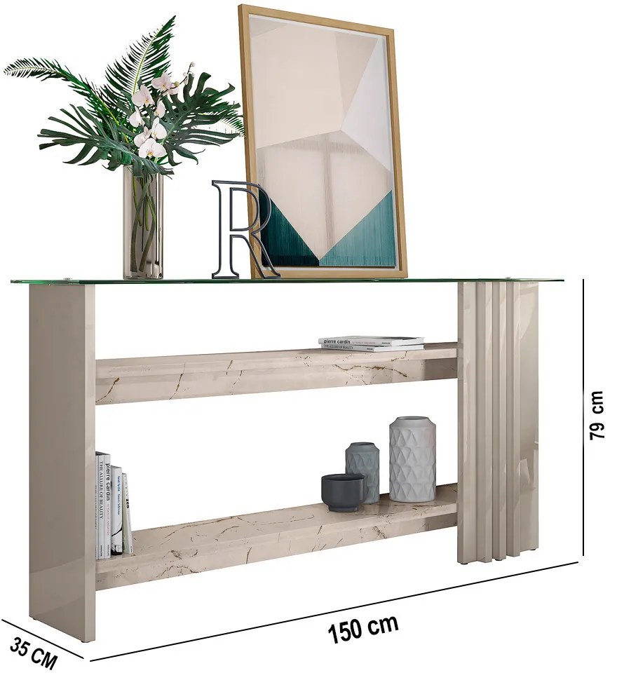Mesa de Centro e Aparador Ripado para Sala Mirezi M20 - D'Rossi - Calacata(brilho)/Off White(brilho)