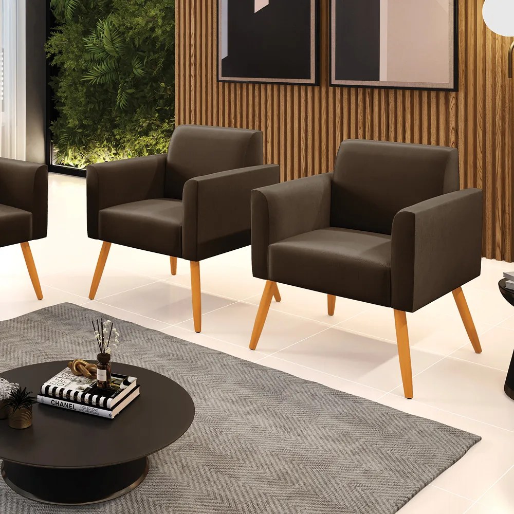 Kit 2 Poltronas Pés Palito Castanho Marisa Suede Marrom D03 - DRossi