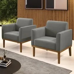 Poltrona Base Madeira Castanho Kit 2 Maressa Suede Grafite - Ibiza