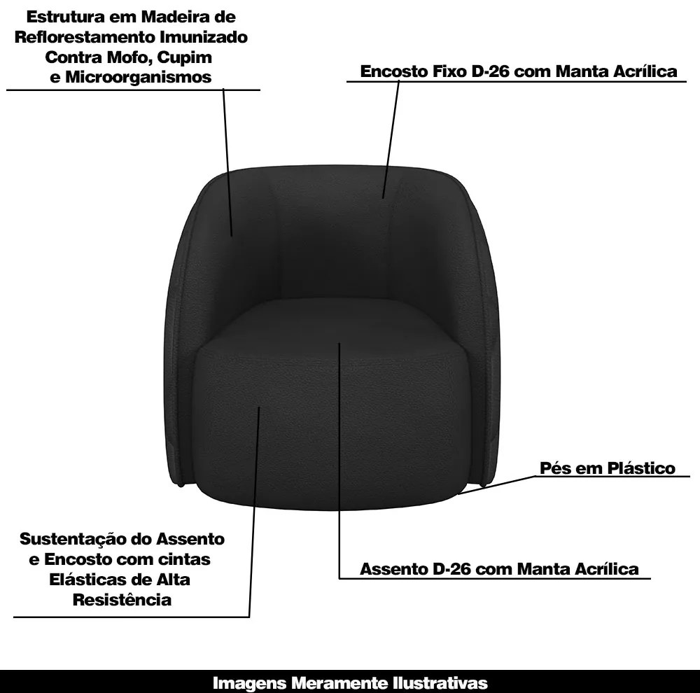 Conjunto Decorativo Sofá 240cm e Poltrona Clarke com Puff Round PU Preto G45 - Gran Belo