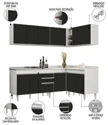 Armário de Cozinha Modulado de Canto 6 Peças CP30 com Pia Inox Branco/